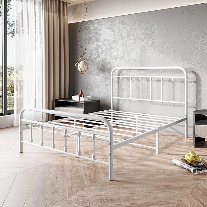 Vintage Full Size Bed Frame with Headboard and Footboard Mattress Heavy Duty Metal Platform Bed Frame Steel Slat Support (Full, White)