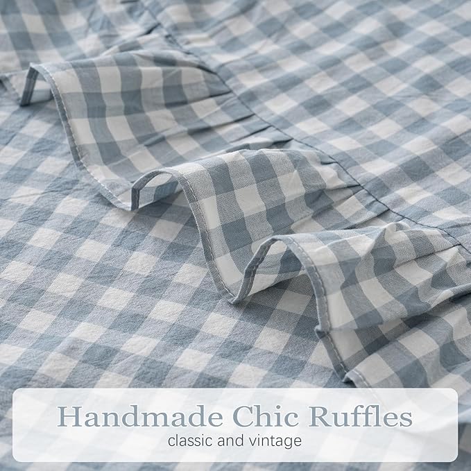 Blue White Plaid Ruffled Body Pillow Sham Washed Cotton Shabby Checkered Gingham Pillow Cover 20"x54"