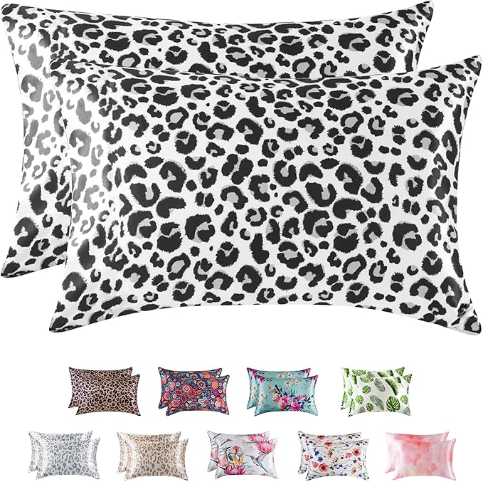 MR&HM Satin Pillowcase for Hair and Skin, Silk Satin Pillowcase 2 Pack, King Size Pillow Cases Set of 2, Silky Pillow Cover with Envelope Closure (20x40, White Leopard)