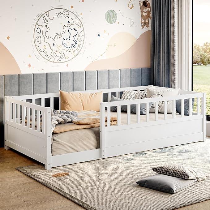 Bellemave Twin Size Floor Bed with High Fence, Wood Montessori Bed with Slats and Guardrails, Montessori Floor Beds Frame for Kids, Girls, Boys, White