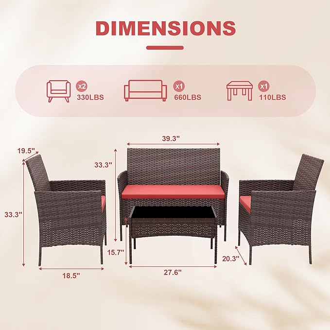 GarveeHome Modern 4-Person Outdoor Bistro Set with Tempered Glass Table – Weather-Resistant PE Rattan & Iron Frame Patio Furniture, Thick Red & Brown Polyester Cushions for Garden, Balcony, Deck