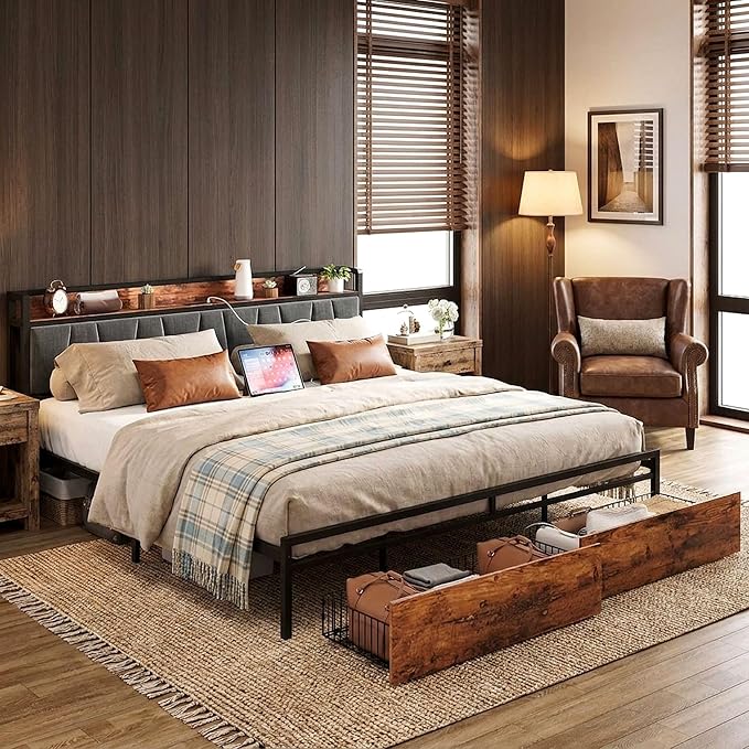 LIKIMIO King Size Bed Frame, Storage Headboard with Charging Station, Platform Bed with Drawers, No Box Spring Needed, Easy Assembly, Industrial Brown and Gray