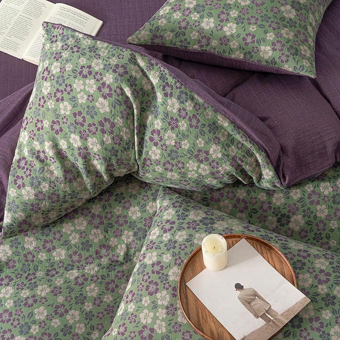 VM VOUGEMARKET Vintage Floral Jacquard Duvet Cover Set King Breathable Double Layered Gauze Bedding Collection for All-Season,Green & Purple
