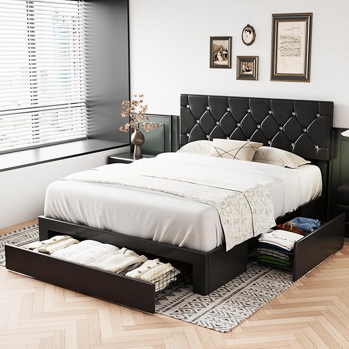VECELO Queen Size Bed Frame with 3 Storage Drawers, Leather Upholstered with Diamond Tufted Headboard, Solid Wood Slat Support & Steel Framework, PU & Black
