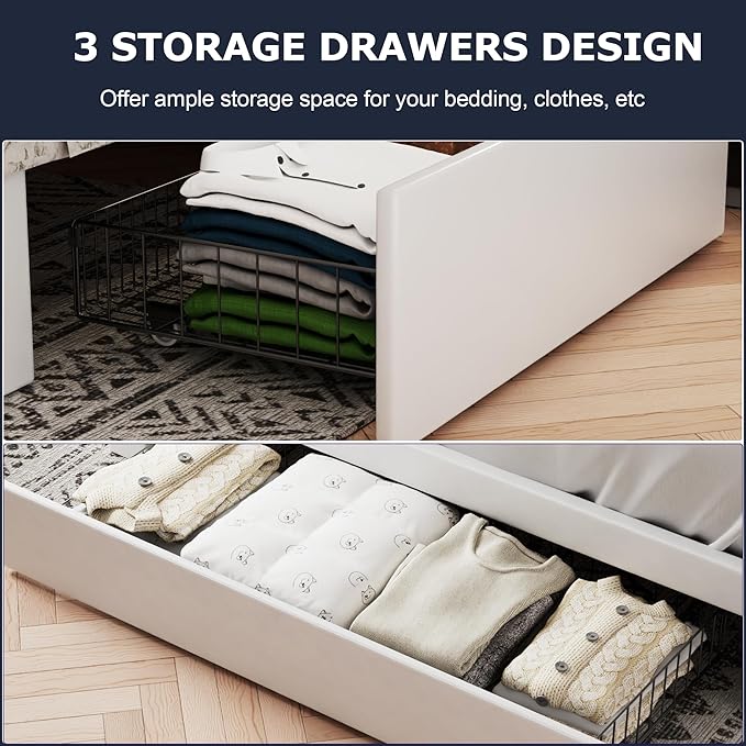 VECELO Full Size Bed Frame with 3 Storage Drawers, Leather Upholstered with Diamond Tufted Headboard, Solid Wood Slat Support & Steel Framework, PU & White