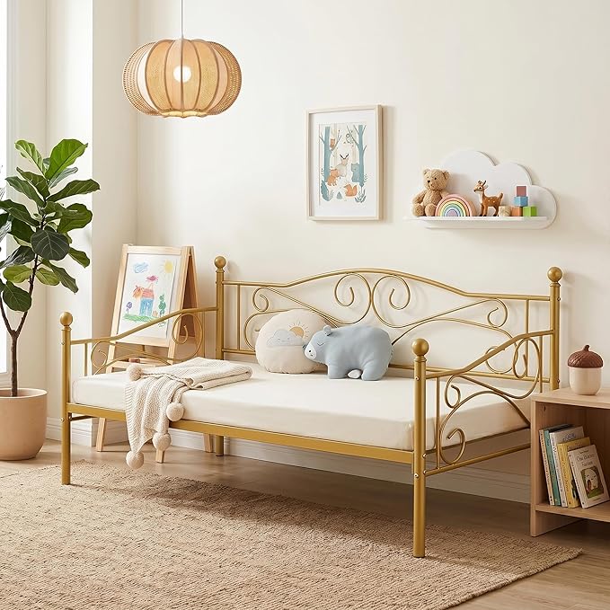 VECELO Daybed Frame, Twin Size Metal Platform Bed with Headboard,Heavy Duty Steel Slats Support for Living Room Bedroom Guest Room, Easy Assembly