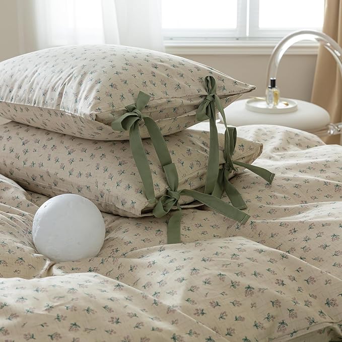mixinni Country Style Duvet Cover Queen Size - Cottagecore Green Floral Vintage Bedding 3PC with Bow Ties Pillowcases, 100% Cotton Soft Aesthetic Boho Comforter Cover for Girls-Queen Size
