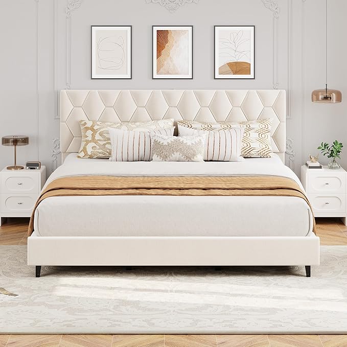GarveeHome Beige King Bed Frame with Upholstered Headboard, Heavy-Duty Platform Bed Frame with Adjustable Headboard, Strong Wood Slat Support/No Box Spring Needed/Noise Free
