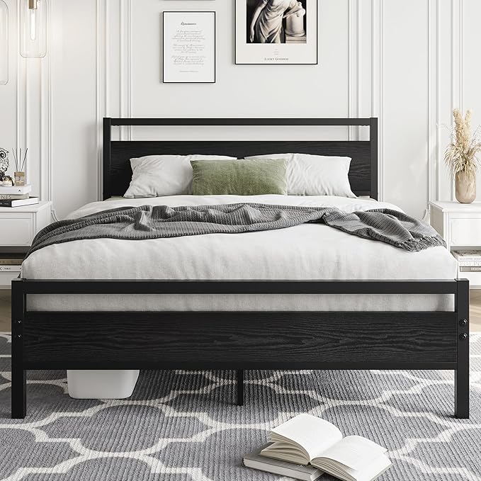 HOJINLINERO Full Size Bed Frame with Headboard,Platform Metal Bed Frame Full Size,Black Wood Bed Frame No Box Spring Needed Heavy Duty Metal Slats Support,Mattress Beds Base,Noise Free,Easy Assembly