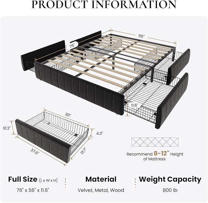 SHA CERLIN Full Size Velvet Upholstered Platform Bed Frame with 4 Storage Drawers, Vertical Channel Tufted, Low Profile, Fits Standard Headboards, Wooden Slats Support, Easy Assembly, Black