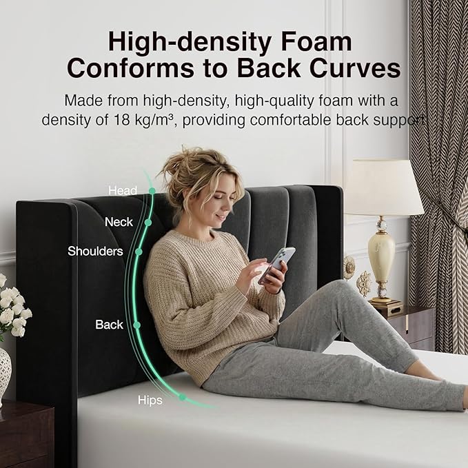 Novilla King Bed Frame, King Bed Frame and Headboard, Velvet Upholstered Wing Side Headboard, No Box Spring Needed, Heavy Duty Feet, Easy Assembly, Black Velvet