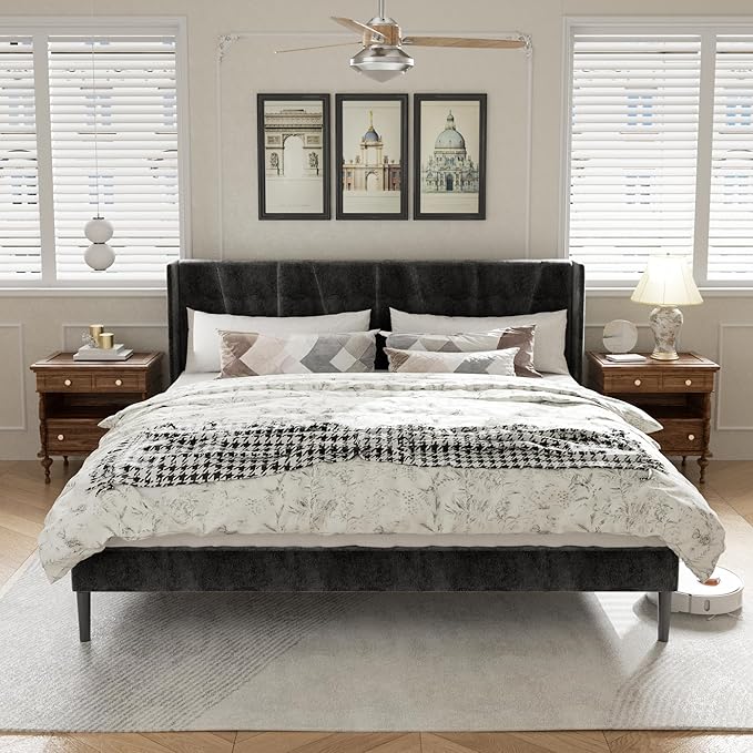 HAOARA King Bed Frame with Headboard, Velvet Upholstered Platform Bed Frames with Wingboard, Contemporary Mattress Foundation, Noise Free, No Box Spring Needed, Easy Assembly, Black