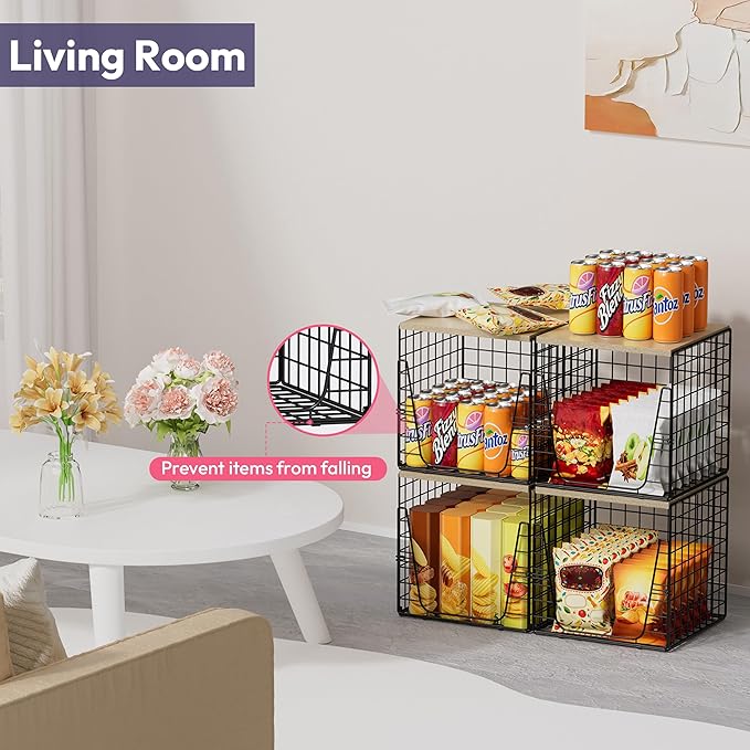 SWTYMIKI 2PCS Closet Organizers and Storage - Stackable Closet Basket with Wood Top Shelf, Clothes Storage Shelves, Clothes Drawer Bins for Wardrobe, Bedroom, Entryway, Black