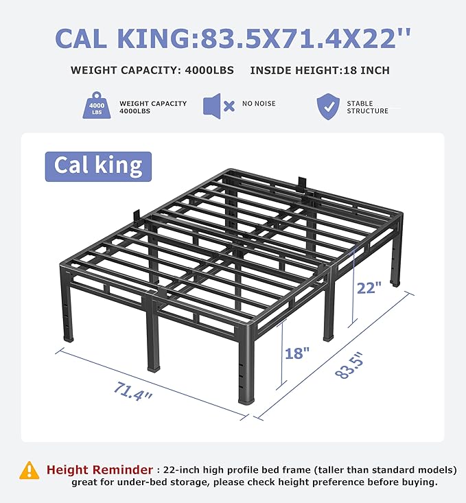 NKZ California King Size Bed Frame 22 Inch, Metal Bed Frame & Box Spring 2 in 1 Platform with Round Corner Legs, 4000Lbs Heavy Duty Tall Metal Frame, Headboard Hole, Noise-Free, Easy Assembly
