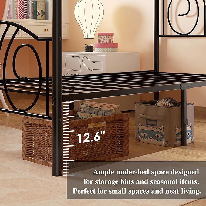 VECELO Metal Canopy Bed Frame Twin Size, 4 Posters Platform Mattress Foundation with Headboard, Heavy Duty Steel Slats Support, No Box Spring Needed, Matte Black