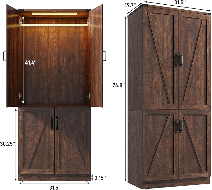Hlivelood 75" Tall Farmhouse 2 Doors Armoire Wardrobe Closet with LED,Freestanding Closet Wardrobe Cabinet for Bedroom with Hanging Rod,Wooden Armoire Storage Cabinet with Adjustable Shelves(Brown)