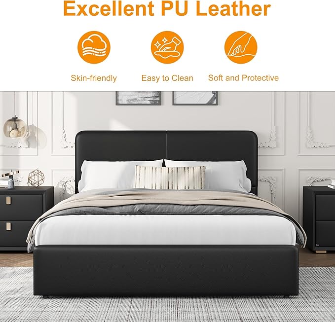 GarveeHome Modern Upholstered Platform Bed Frame with Headboard and Storage Drawers – PU Black Leather, Strong Wood Slat Support, No Box Spring Needed, Easy Assembly, Noise-Free – Full Size, PU Black