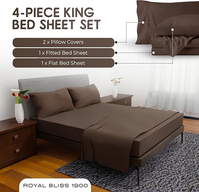 Royal Bliss King Size Sheets Set - 4 Piece Bedding - Wrinkle Free, Double Brushed, Cooling Sheets (Chocolate)