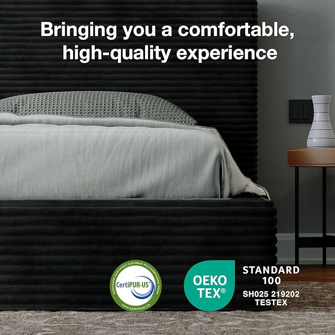 Novilla Queen Size Bed Frame, Plush CloudSoft Bed, Corduroy Upholstered Platform Bed Frame with Headboard, Easy Assembly, No Box Spring Needed, Modern Soft Bed Frame, Black