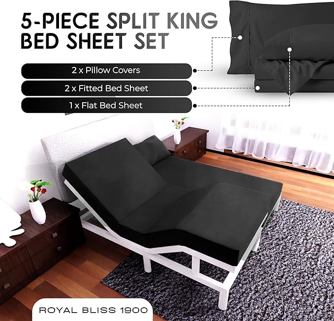 Royal Bliss Split California King Sheet Set - 1900 Ultra-Soft Microfiber Cal King Bed Sheets - Double Brushed - Deep Pockets - Easy Fit - 5 Piece Set - Bed Sheets -Ultra Soft (Black)