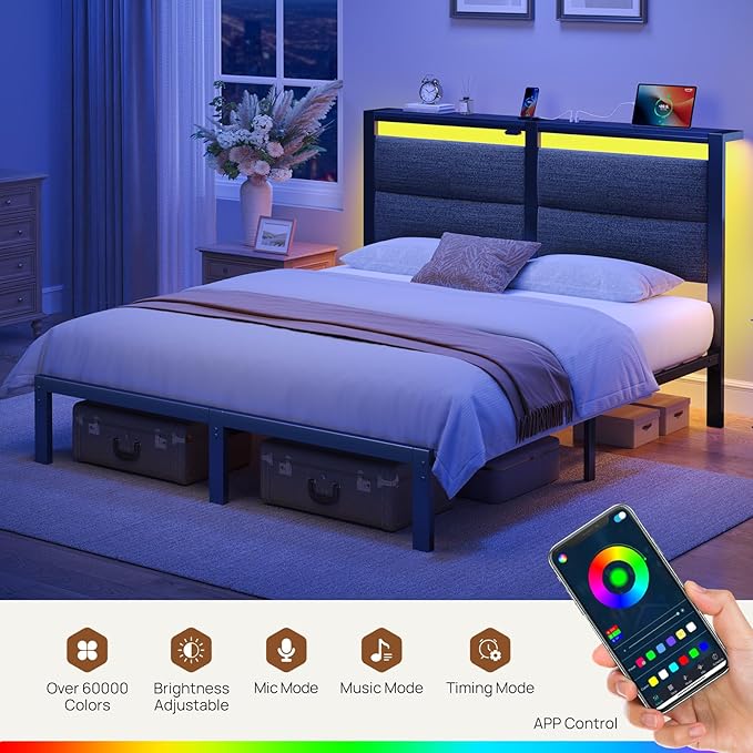 Rolanstar Queen Bed Frame with Charging Station, LED Bed Frame Queen with Upholstered Storage Headboard, Platform Bed with Metal Slats & Under Bed Storage, No Box Spring Needed, Noise Free, Grey