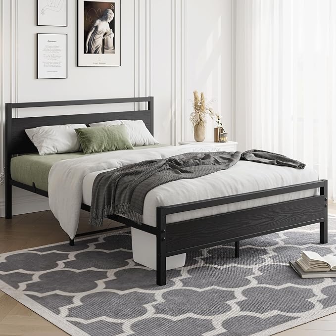 HOJINLINERO Full Size Bed Frame with Headboard,Platform Metal Bed Frame Full Size,Black Wood Bed Frame No Box Spring Needed Heavy Duty Metal Slats Support,Mattress Beds Base,Noise Free,Easy Assembly