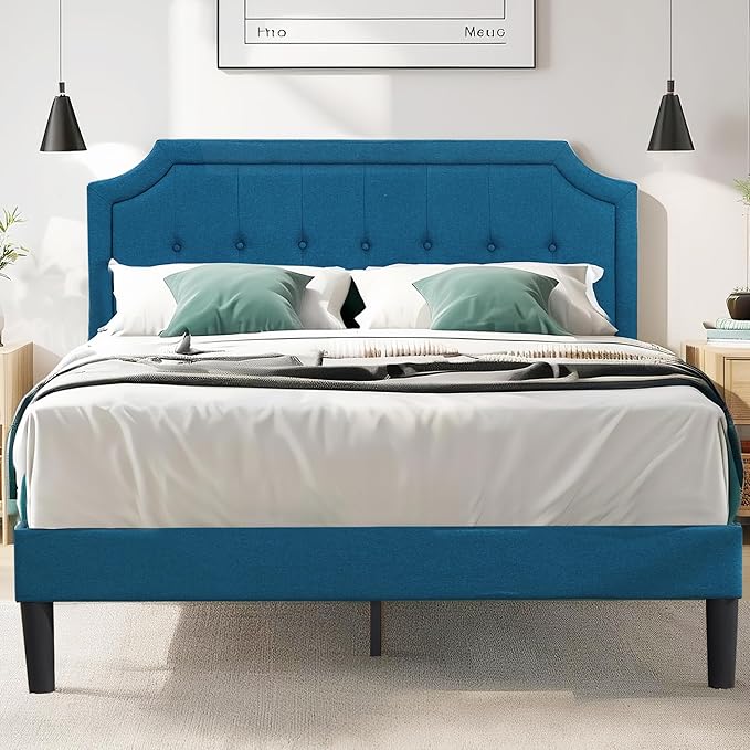 VECELO Queen Upholstered Platform Bed Frame with Adjustable Button Stitched Panel Headboard,Strong Wood Slat Support,Velcro Design,Mattress Foundation/Easy Assembly,Blue