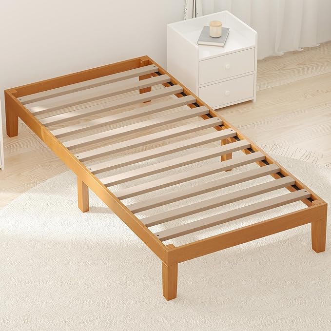 DUMOS Twin Bed Frame, Solid Wooden Bed Base with Wood Slat Support, Sturdy, Stylish & Noise-Free Design, No Box Spring Needed, Easy Assembly, 12 in Natural Pine