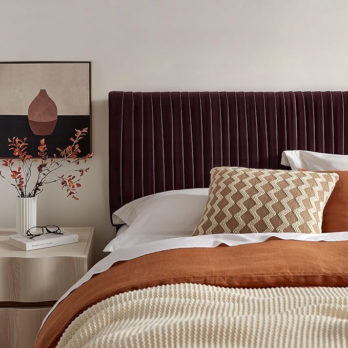 Modway Eloise Full Velvet Headboard with Ruched Details in Mulberry - Modern Bed Headboard Only with Stain-Resistant Performance Upholstery, Height-Adjustable Mount
