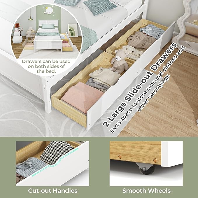 Giantex Wood Twin Bed with 2 Storage Drawers, Solid Wood Platform Bed with Headboard, Wooden Slats Support Mattress Foundation, No Spring Needed, Twin Bed Frame for Kids, Teens, Adults, White