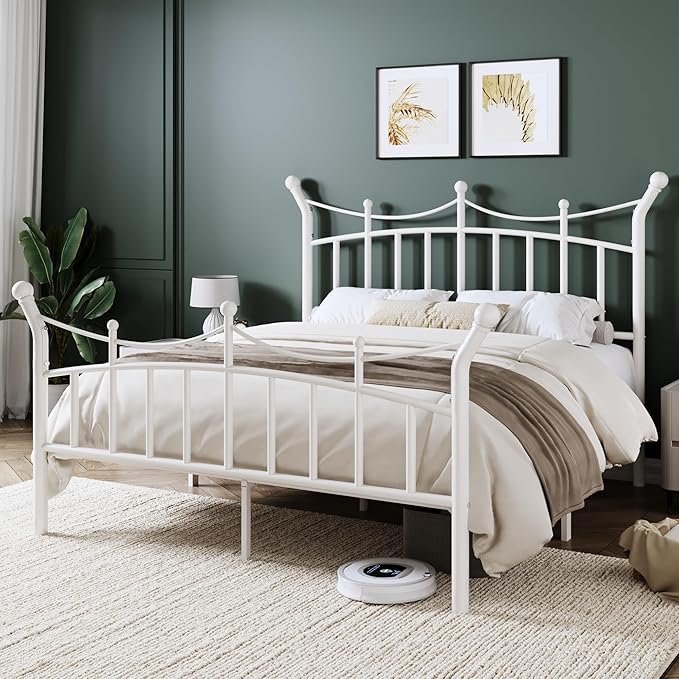 Allewie 14 Inches Full Size Metal Platform Bed Frame with Elegant Crown Iron-Art Headboard & Footboard, Sturdy Mattress Foundation with Under-Bed Storage, Easy Assembly, No Box Spring Needed, White