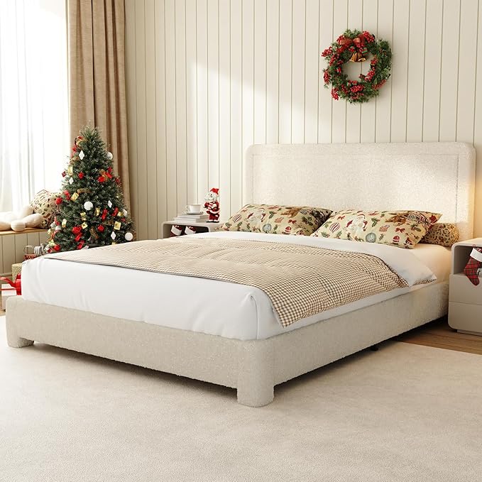 WEUP King Size Boucle Bed Frame, Soft Upholstered Cloud Bed Frame with Headboard, Rounded Corners, No Box Spring Required, Adjustable Headboard, Easy Assembly