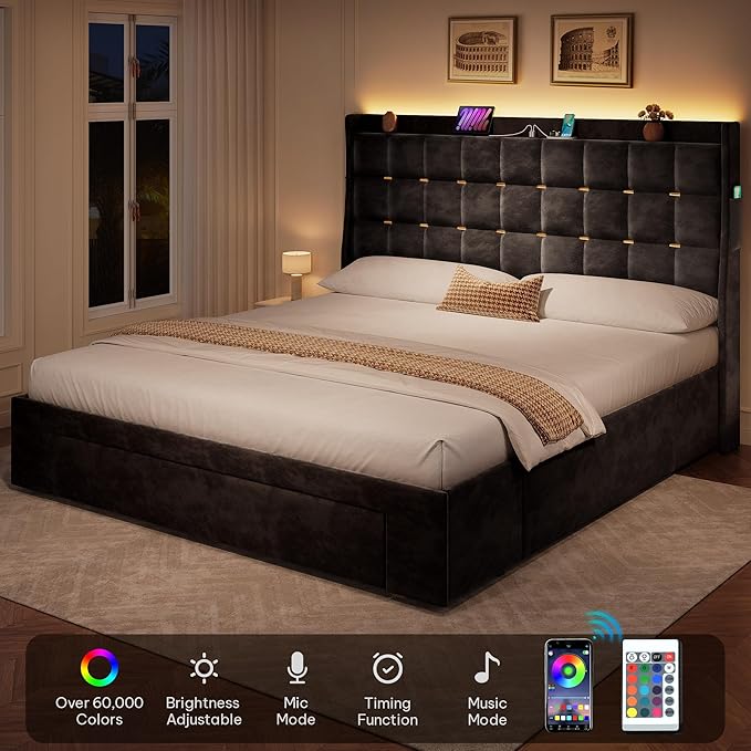 YITAHOME Queen Size Bed Frame with 3 Storage Drawers and RGB LED Lights, Velvet Upholstered Bed with Charging Station and Storage Headboard, No Box Spring Needed, Easy Assembly, Noise-Free, Cool Black