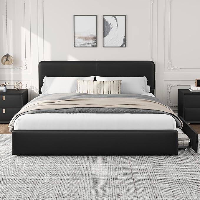 GarveeHome Modern Upholstered Platform Bed Frame with Headboard and Storage Drawers – PU Black Faux Leather, Sturdy Wooden Slat Support, Noise-Free, No Box Spring Needed, Easy Assembly – King Size, PU