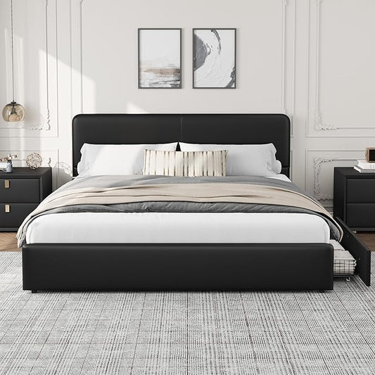 GarveeHome Modern Upholstered Platform Bed Frame with Headboard and Storage Drawers – PU Black Faux Leather, Sturdy Wooden Slat Support, Noise-Free, No Box Spring Needed, Easy Assembly – King Size, PU