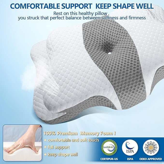 CHxxy Memory Foam Pillows, Cervical Pillow for Neck and Shoulder Pain Relief, Ergonomic Contour Bed Pillow, Soft for Side Sleep Stomach Sleeping and Back Sleeper-Queen Size&Grey