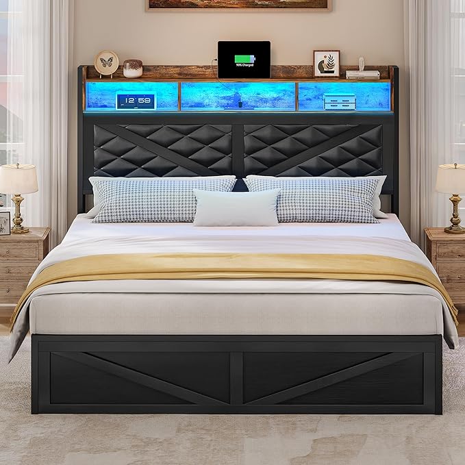 DWVO Bed Frame with Charging Station and Storage Headboard, Upholstered Platform with Large Under Bed Storage and LED Light, No Box Spring Needed, Noise Free, Faux Leather, Black, Queen Size