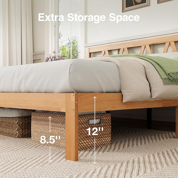Novilla 12 Inch Queen Bed Frame with Headboard Bed Frame Queen Size Solid Wooden Bed Frame Foundation with Wood Slat Support, No Box Spring Needed, Easy Assembly, Natural Grain Wood