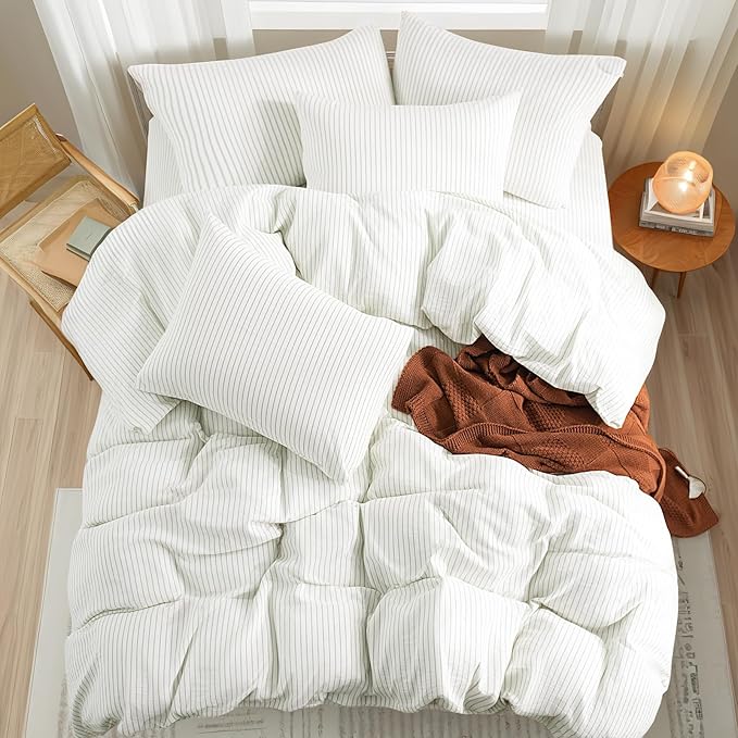 NEXHOME PRO Striped Duvet Cover Twin Size,100% Washed Cotton Bedding Set,Textured Linen Feel,Breathable,Organic,2 Piece(Green Stripes 68x90)