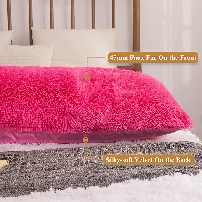 XeGe Shaggy Faux Fur Body Pillow Cover, Fluffy Long Body Pillow Case with Zipper Closure, Soft Decorative Plush Furry Body Pillowcase, Fuzzy Pillow for Bedroom Home Decoration Couch 20"x54", Hot Pink