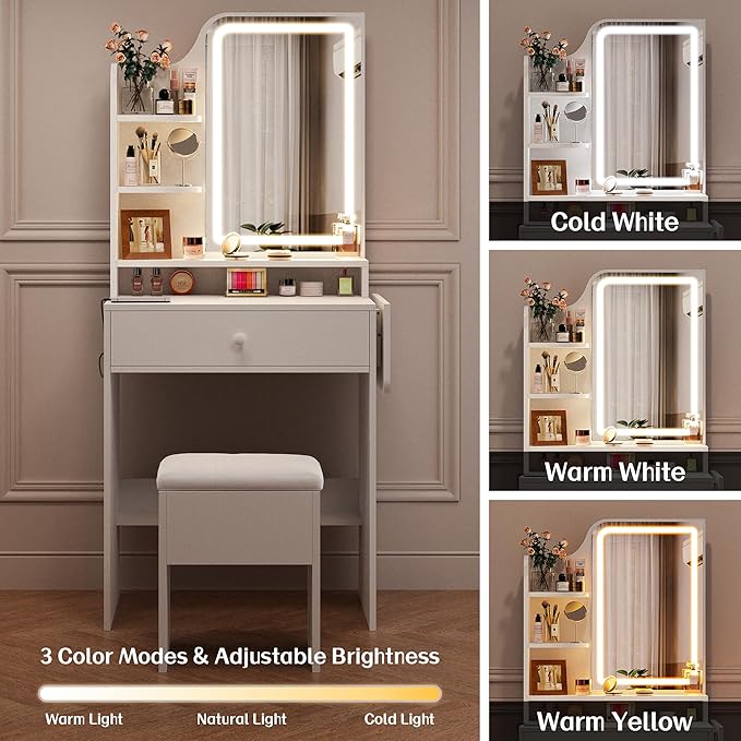 Haewon Small Vanity Desk with Mirror and Lights, Makeup Vanity with Charging Station, Compact Dressing Table Set with Storage Chair, Drawer and Shelves for Bedroom, White