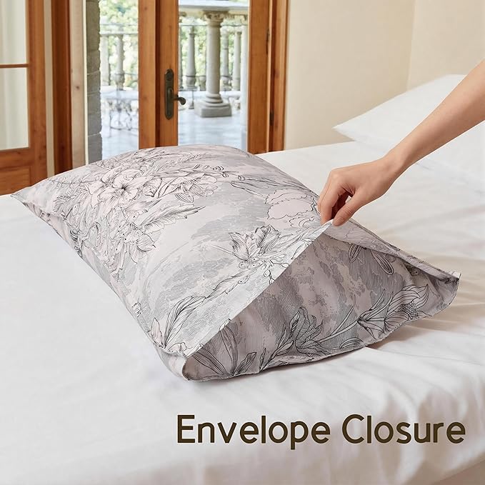 CHUFFED 100% French Linen Pillow Cases Sketch Floral Print, Farmhouse Floral Stone Washed Pillow Shams with Envelope Closure Soft Breathable Vintage Pillow Covers for Decor,20x36 inches