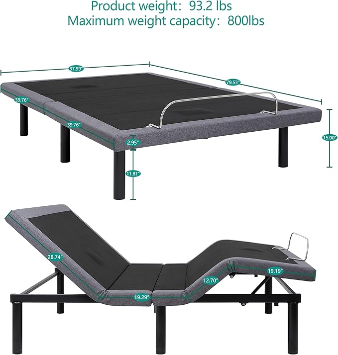 Naomi Home Idealbase Twin XL Adjustable Bed Base with Massage, USB Ports, Under-Bed Light, Wireless Remote, 800 Lb Capacity, Gray Metal Frame, Easy Assembly for Personalized Comfort and Relaxation