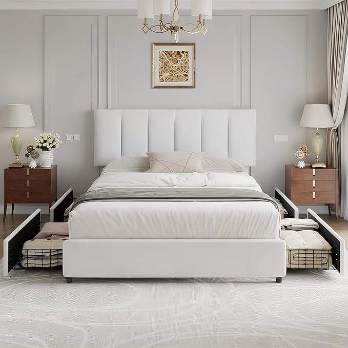 VECELO Queen Size Bed Frame with 4 Storage Drawers, Adjustable Height Headboard, Heavy-Duty Platform Bedframe with Strong Wooden Slats, No Box Spring Needed, Pure White