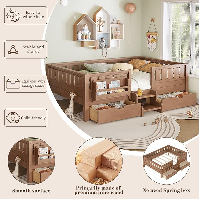 Bellemave Queen Size Kids Montessori Bed with Stairs and Bookshelf,Solid Wood Queen Size Kids Bed Frame with Drawers and Storage for Girls Boys,Low-Profile,Natural