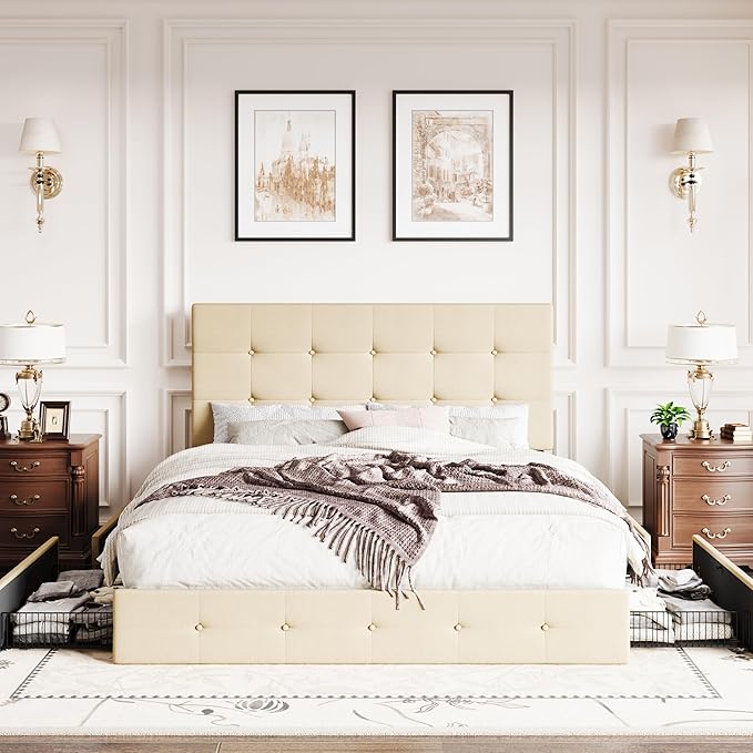 SHA CERLIN Upholstered Queen Size Platform Bed Frame with 4 Storage Drawers, Adjustable Headboard with Square Stitched Button Tufted Design, Wooden Slat Support, No Box Spring Needed, Beige