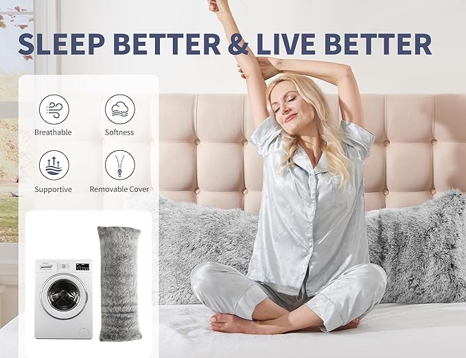 Fluffy Silk Full Body Pillow for Adults 20x54 Satin Body Pillow Cover Pillowcase with Memory Foam for bed Light Grey Pregnancy Cuddle Snuggles Body Pillows for Sleeping Side Sleeper Pillows for Adults