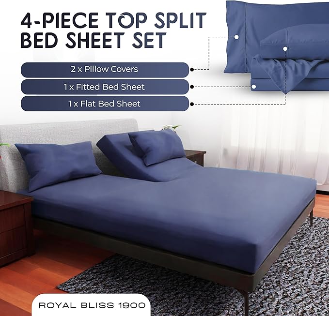 Top Split King Sheets Sets for Adjustable Bed, 4 Pcs Double Brushed Deep Pockets Microfiber Sheets, 34 Inch Split Top Fitted Sheet, 1 King Flat Sheet and 2 Pillowcase Navy Blue