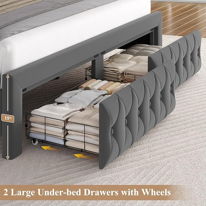King Bed Frame 55" Tall Headboard with LED Lights, Buttons Tufted Velvet Upholstered Platform Bed Frame with 2 Storage Drawers, Wood Slats Support Mattress Foundation, No Box Spring Needed, Grey