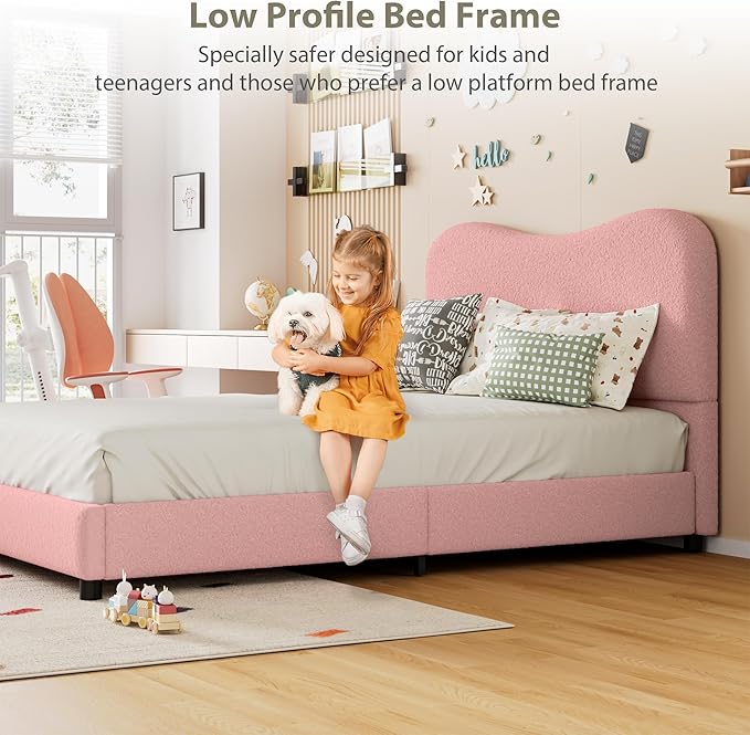 GarveeHome Boucle Queen Bed Frame with Upholstered Headboard, Soft Low Profile Sturdy Platform Bed with Rounded Corners Design, Heavy Duty, Wooden Slats, Noise Free, No Box Spring Needed, Pink